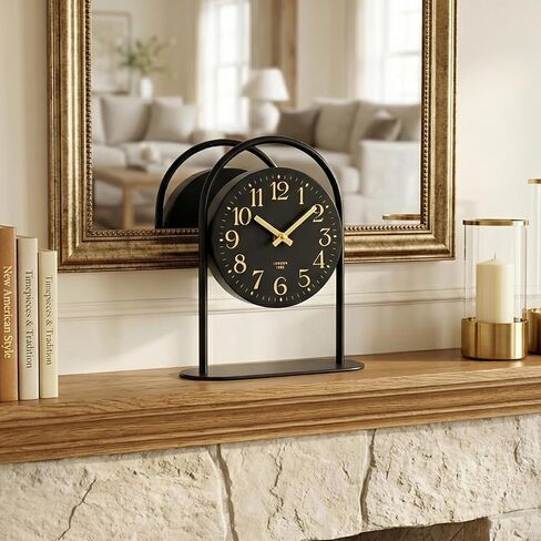 Modern Black Desk Clock - 10.6 Inch Arched Table Clock with Silent Non-Ticking Quartz Movement, Battery Operated Decorative Mantel Clock with Gold Arabic Numerals for Bedroom, Shelf & Office Decor in Saudi Arabia