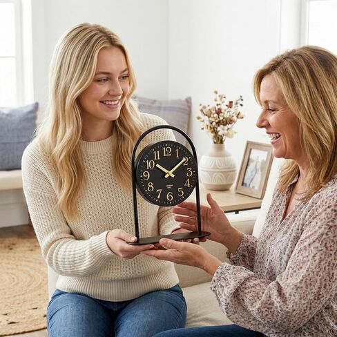 Modern Black Desk Clock - 10.6 Inch Arched Table Clock with Silent Non-Ticking Quartz Movement, Battery Operated Decorative Mantel Clock with Gold Arabic Numerals for Bedroom, Shelf & Office Decor in Saudi Arabia
