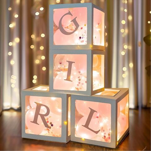 Uptotop Baby Shower Decorations Clear Balloon Blocks with Fairy String Lights, 4 Pack Transparent Balloon Boxes Including 30 Letters, 4 Warm White Fairy Lights & 36 Latex Balloons, Blue in Saudi Arabia