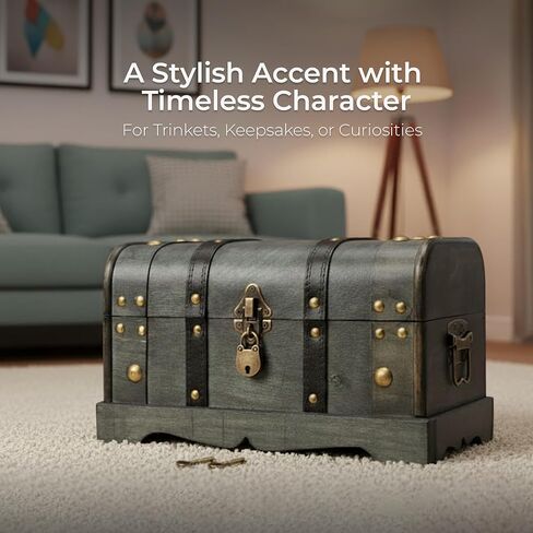 Happenings Wooden Treasure Chest Box with Tray – Lockable Vintage Decorative Chest for Storage, Keepsakes, Jewelry – Pirate Wooden Chest Decor (11.8x7x7) in Saudi Arabia