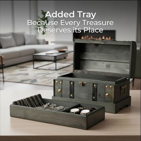 Happenings Wooden Treasure Chest Box with Tray – Lockable Vintage Decorative Chest for Storage, Keepsakes, Jewelry – Pirate Wooden Chest Decor (11.8x7x7) in Saudi Arabia