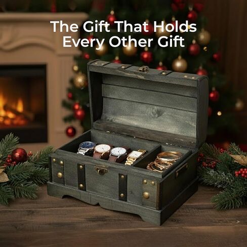 Happenings Wooden Treasure Chest Box with Tray – Lockable Vintage Decorative Chest for Storage, Keepsakes, Jewelry – Pirate Wooden Chest Decor (11.8x7x7) in Saudi Arabia