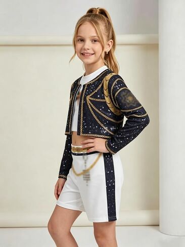Girls Stage Costume Jacket Tank Top Shorts Set Printed Halloween Outfit for Kids Role Play Party Dress Up in Kuwait