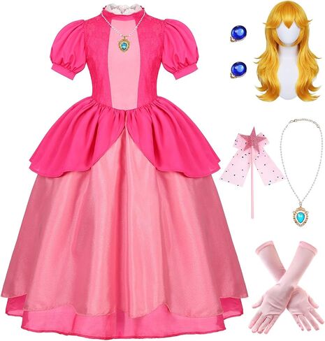 Pink Princess Costume for Girls Kids Deluxe Fairytale Royal Dress with Wig Gloves Jewelry Wand Halloween Party Set in Saudi Arabia