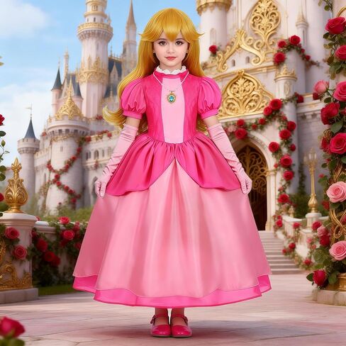 Pink Princess Costume for Girls Kids Deluxe Fairytale Royal Dress with Wig Gloves Jewelry Wand Halloween Party Set in Saudi Arabia