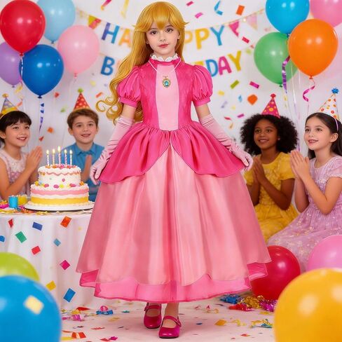 Pink Princess Costume for Girls Kids Deluxe Fairytale Royal Dress with Wig Gloves Jewelry Wand Halloween Party Set in Saudi Arabia
