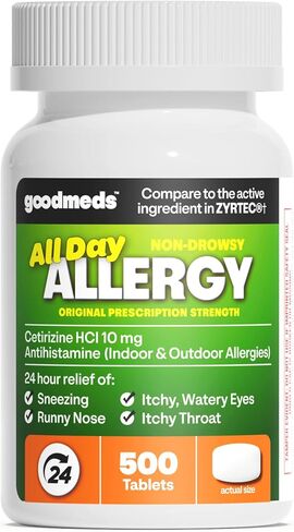 24-Hour Allergy Medicine 500-Count Non-Drowsy Antihistamine for Pollen, Hay Fever, Dry, Itchy Eyes, Allergies | Cetirizine HCl 10mg Tablets, Compare to Leading Brand in Saudi Arabia