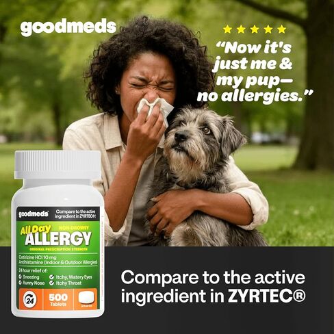 24-Hour Allergy Medicine 500-Count Non-Drowsy Antihistamine for Pollen, Hay Fever, Dry, Itchy Eyes, Allergies | Cetirizine HCl 10mg Tablets, Compare to Leading Brand in Saudi Arabia
