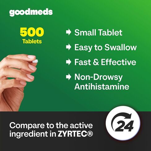 24-Hour Allergy Medicine 500-Count Non-Drowsy Antihistamine for Pollen, Hay Fever, Dry, Itchy Eyes, Allergies | Cetirizine HCl 10mg Tablets, Compare to Leading Brand in Saudi Arabia