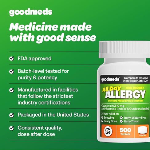 24-Hour Allergy Medicine 500-Count Non-Drowsy Antihistamine for Pollen, Hay Fever, Dry, Itchy Eyes, Allergies | Cetirizine HCl 10mg Tablets, Compare to Leading Brand in Saudi Arabia