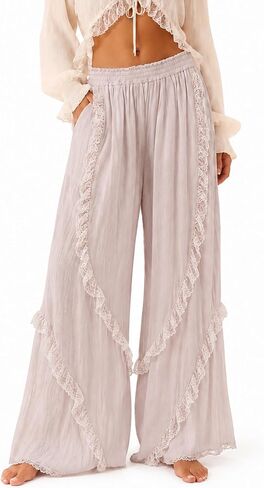 Womens Lace Trim Pants Lounge Long Wide Leg Pants Elastic Bagyy Pant Vintage Summer Boho Casual No Pockets in Saudi Arabia