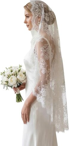 French Lace Fingertip Length Mantila Wedding Bridal Veil with Comb Ivory in Saudi Arabia