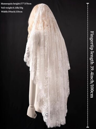 French Lace Fingertip Length Mantila Wedding Bridal Veil with Comb Ivory in Saudi Arabia