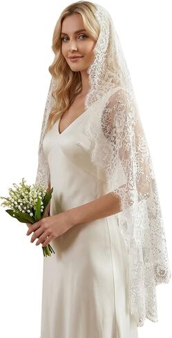 French Lace Fingertip Length Mantila Wedding Bridal Veil with Comb Ivory in Saudi Arabia