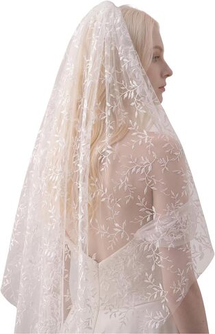 Branch Leaves Embroidered Long Wedding Veil Short Bridal Veil with Comb for Bride in Saudi Arabia