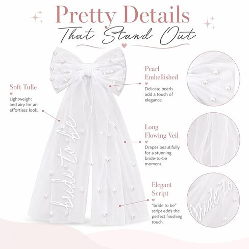 Bride to Be Veil Bow Hair Clip with Pearls, White Bridal Hair Bow, Clip on Wedding Veil Accessory for Bachelorette Party, Bridal Shower in Saudi Arabia