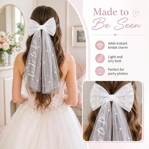 Bride to Be Veil Bow Hair Clip with Pearls, White Bridal Hair Bow, Clip on Wedding Veil Accessory for Bachelorette Party, Bridal Shower in Saudi Arabia