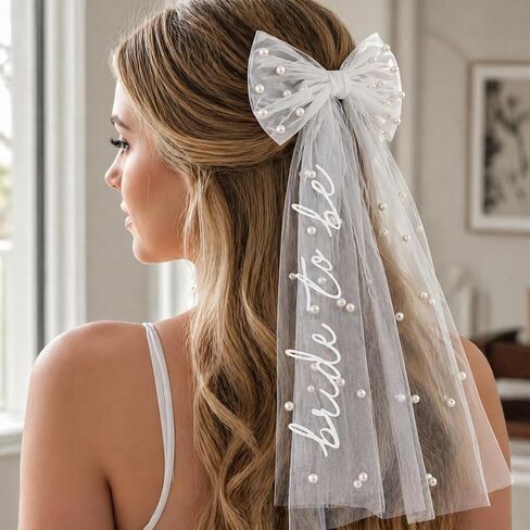 Bride to Be Veil Bow Hair Clip with Pearls, White Bridal Hair Bow, Clip on Wedding Veil Accessory for Bachelorette Party, Bridal Shower in Saudi Arabia