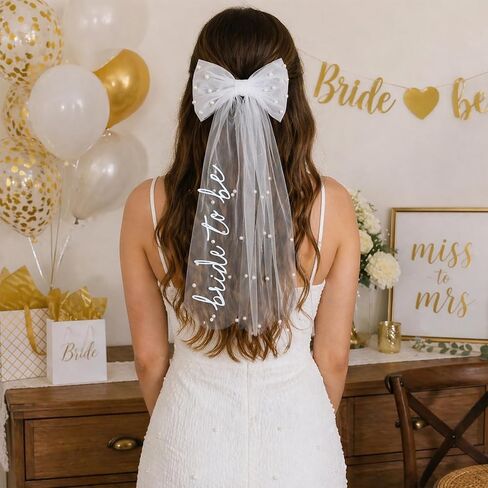 Bride to Be Veil Bow Hair Clip with Pearls, White Bridal Hair Bow, Clip on Wedding Veil Accessory for Bachelorette Party, Bridal Shower in Saudi Arabia