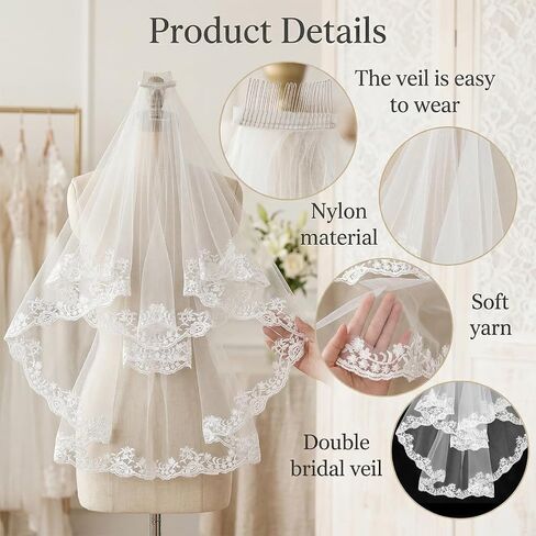 Nogeqi Wedding Veils for Brides, White Lace Veil with Comb for Women, Elegant Lace Applique Edge Bridal Veils for Wedding, Bachelorette Party, Bridal Shower in Kuwait