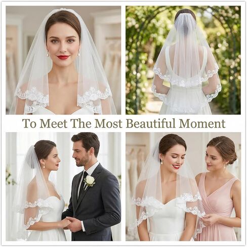 Nogeqi Wedding Veils for Brides, White Lace Veil with Comb for Women, Elegant Lace Applique Edge Bridal Veils for Wedding, Bachelorette Party, Bridal Shower in Kuwait