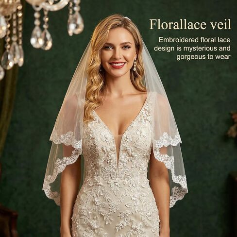 Nogeqi Wedding Veils for Brides, White Lace Veil with Comb for Women, Elegant Lace Applique Edge Bridal Veils for Wedding, Bachelorette Party, Bridal Shower in Kuwait