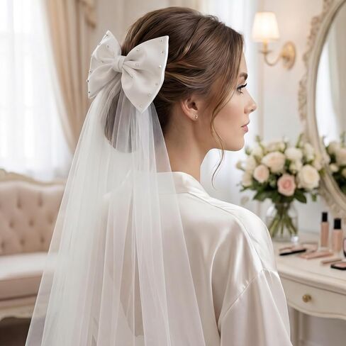 Bride to Be Veil، طرحة زفاف بيضاء بفيونكة من الساتان مع لؤلؤ ومشط لحفلة توديع العزوبية in Kuwait