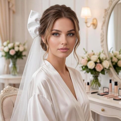 Bride to Be Veil، طرحة زفاف بيضاء بفيونكة من الساتان مع لؤلؤ ومشط لحفلة توديع العزوبية in Kuwait