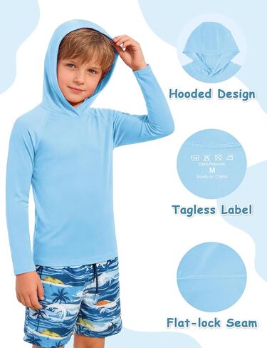 Boys Hooded Long Sleeve Rash Guard Swim Shirt, Youth Kids Girls Toddler UPF 50+ Fishing Shirt, UV Sun Protection Quick Dry Fishing Hiking Water Beach Hoodies in Kuwait