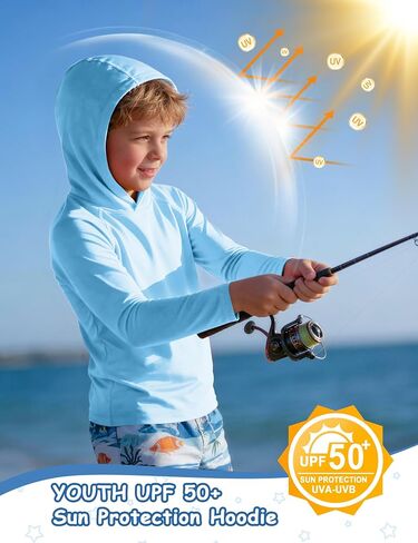 Boys Hooded Long Sleeve Rash Guard Swim Shirt, Youth Kids Girls Toddler UPF 50+ Fishing Shirt, UV Sun Protection Quick Dry Fishing Hiking Water Beach Hoodies in Kuwait