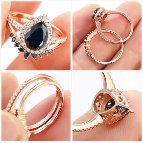 2CT Moissanite Wedding Ring Set for Women Black Color VVS1 Pear Shaped Halo Bridal Ring Sets S925 Sterling Silver with 18K Rose Gold Plated Engagement Anniversary Rings for Her Size 5-9.5 in Saudi Arabia