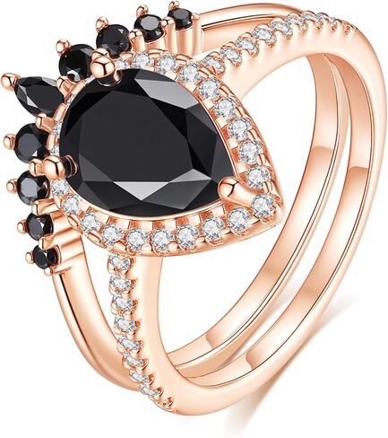 2CT Moissanite Wedding Ring Set for Women Black Color VVS1 Pear Shaped Halo Bridal Ring Sets S925 Sterling Silver with 18K Rose Gold Plated Engagement Anniversary Rings for Her Size 5-9.5 in Saudi Arabia