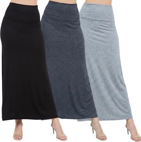 Azules 3 Pack Women’s Maxi Skirt – Soft Stretchy Rayon Fold Over High Waist Long Flowy Boho Skirt for Casual or Dressy Wear in Saudi Arabia