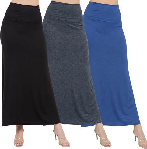 Azules 3 Pack Women’s Maxi Skirt – Soft Stretchy Rayon Fold Over High Waist Long Flowy Boho Skirt for Casual or Dressy Wear in Saudi Arabia