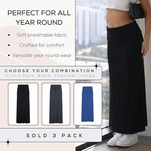 Azules 3 Pack Women’s Maxi Skirt – Soft Stretchy Rayon Fold Over High Waist Long Flowy Boho Skirt for Casual or Dressy Wear in Saudi Arabia