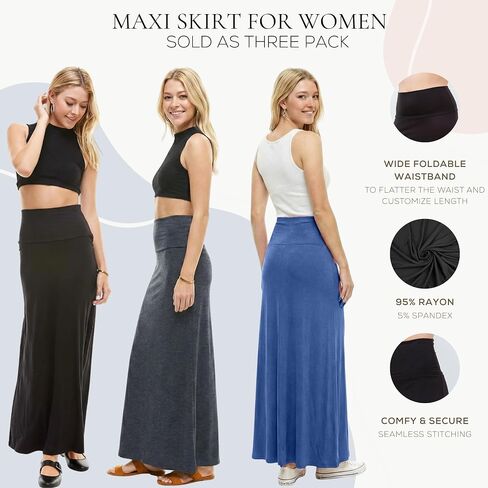 Azules 3 Pack Women’s Maxi Skirt – Soft Stretchy Rayon Fold Over High Waist Long Flowy Boho Skirt for Casual or Dressy Wear in Saudi Arabia