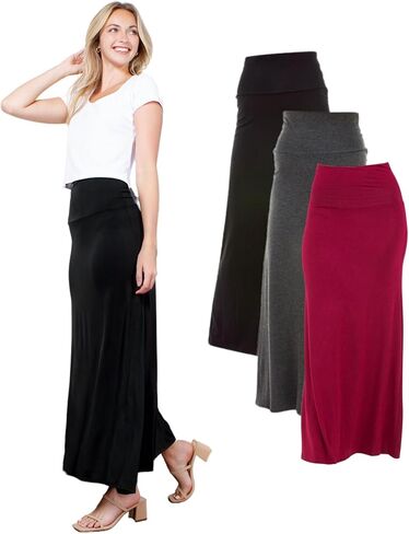 Azules 3 Pack Women’s Maxi Skirt – Soft Stretchy Rayon Fold Over High Waist Long Flowy Boho Skirt for Casual or Dressy Wear in Saudi Arabia