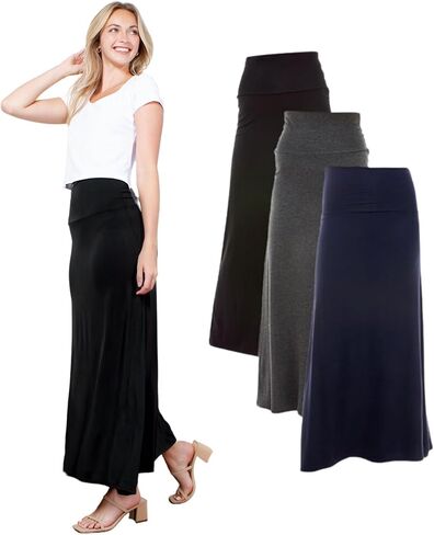 Azules 3 Pack Women’s Maxi Skirt – Soft Stretchy Rayon Fold Over High Waist Long Flowy Boho Skirt for Casual or Dressy Wear in Saudi Arabia