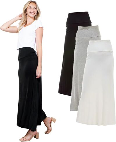 Azules 3 Pack Women’s Maxi Skirt – Soft Stretchy Rayon Fold Over High Waist Long Flowy Boho Skirt for Casual or Dressy Wear in Saudi Arabia
