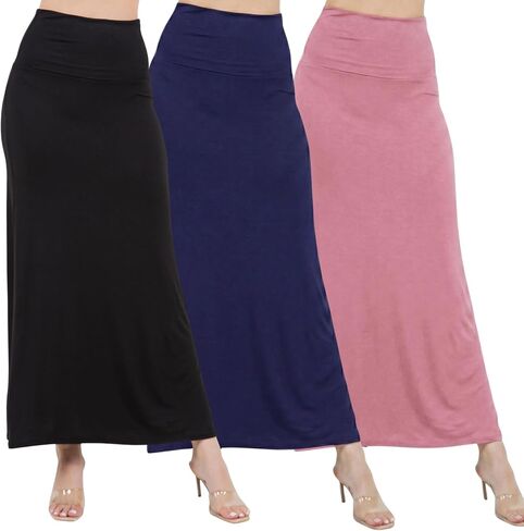 Azules 3 Pack Women’s Maxi Skirt – Soft Stretchy Rayon Fold Over High Waist Long Flowy Boho Skirt for Casual or Dressy Wear in Saudi Arabia