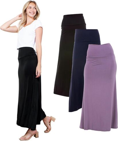 Azules 3 Pack Women’s Maxi Skirt – Soft Stretchy Rayon Fold Over High Waist Long Flowy Boho Skirt for Casual or Dressy Wear in Saudi Arabia