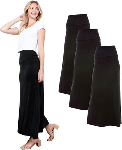 Azules 3 Pack Women’s Maxi Skirt – Soft Stretchy Rayon Fold Over High Waist Long Flowy Boho Skirt for Casual or Dressy Wear in Saudi Arabia