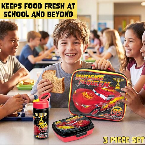 Get Trend Disney Cars Kids Insulated Lunch Bag 3Pc Set with Reusable Lunch Box & BPA-Free Water Bottle, Lightweight with Carry Handle, Lightning McQueen Gifts for Boys (Red Lightning McQueen) in Saudi Arabia