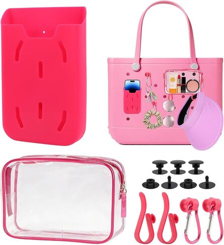 6PCS Accessories Set for Bogg Bag, Snap-On Organizer Kit Fits Medium & Large, Silicone Phone Holder, Clear PVC Insert Bag, 2 Hooks, 2 Carabiners(White) in Saudi Arabia