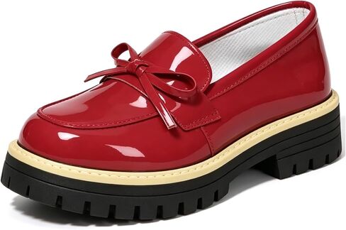 Womens Platform Bow Loafers Fashion Patent Leather Comfort Round Toe Slip On Lug-Sole Chunky Heel Penny Loafers Daily Casual Business School in Saudi Arabia