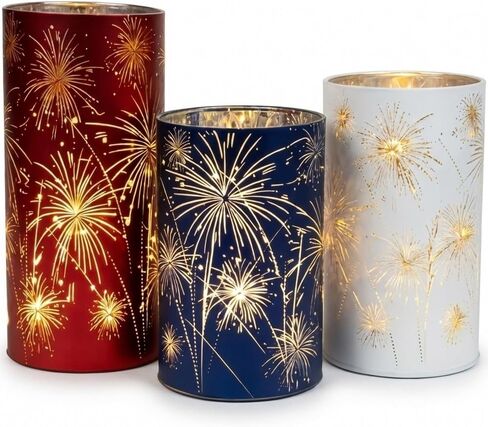 Set of 3 LED Hurricane Candle Holders with Warm White Twinkling Lights, Etched Firework Starburst Glass Pedestal Centerpiece for Mantel, Dining Table, Wedding and Holiday Decor (Red+White+Blue) in Kuwait