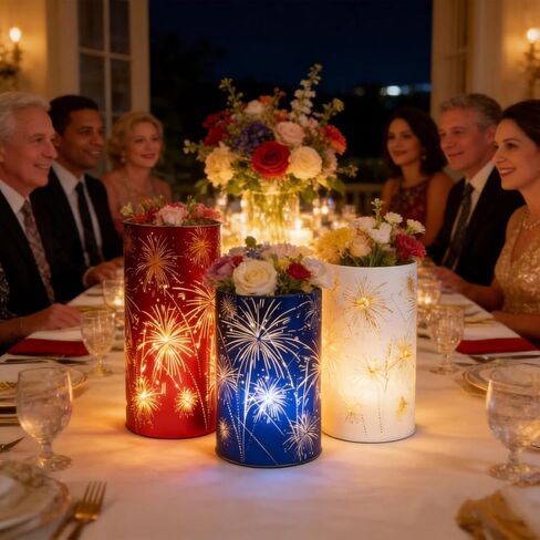 Set of 3 LED Hurricane Candle Holders with Warm White Twinkling Lights, Etched Firework Starburst Glass Pedestal Centerpiece for Mantel, Dining Table, Wedding and Holiday Decor (Red+White+Blue) in Kuwait