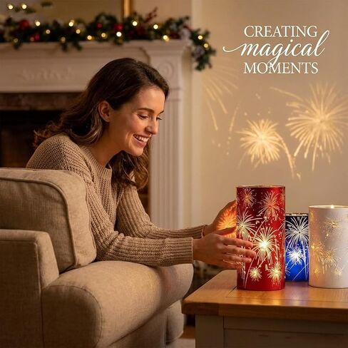 Set of 3 LED Hurricane Candle Holders with Warm White Twinkling Lights, Etched Firework Starburst Glass Pedestal Centerpiece for Mantel, Dining Table, Wedding and Holiday Decor (Red+White+Blue) in Kuwait