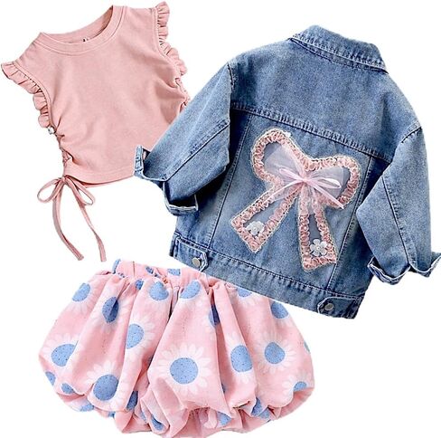 Girls Denim Jacket,Toddler Girl 3pc Outfit Pink Top- Bubble Shorts, Little Girls Spring Summer. in Saudi Arabia