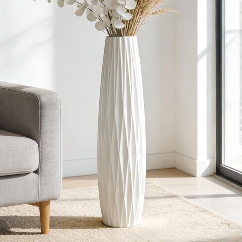 White Ceramic Vase 17.7 Inches Tall Floor Flower Holder Decorative Large Vases for Table Centerpieces Shelf Home Decor Living Room Branches Sky-Dried Flower Arrangement Simple Decorative in Saudi Arabia